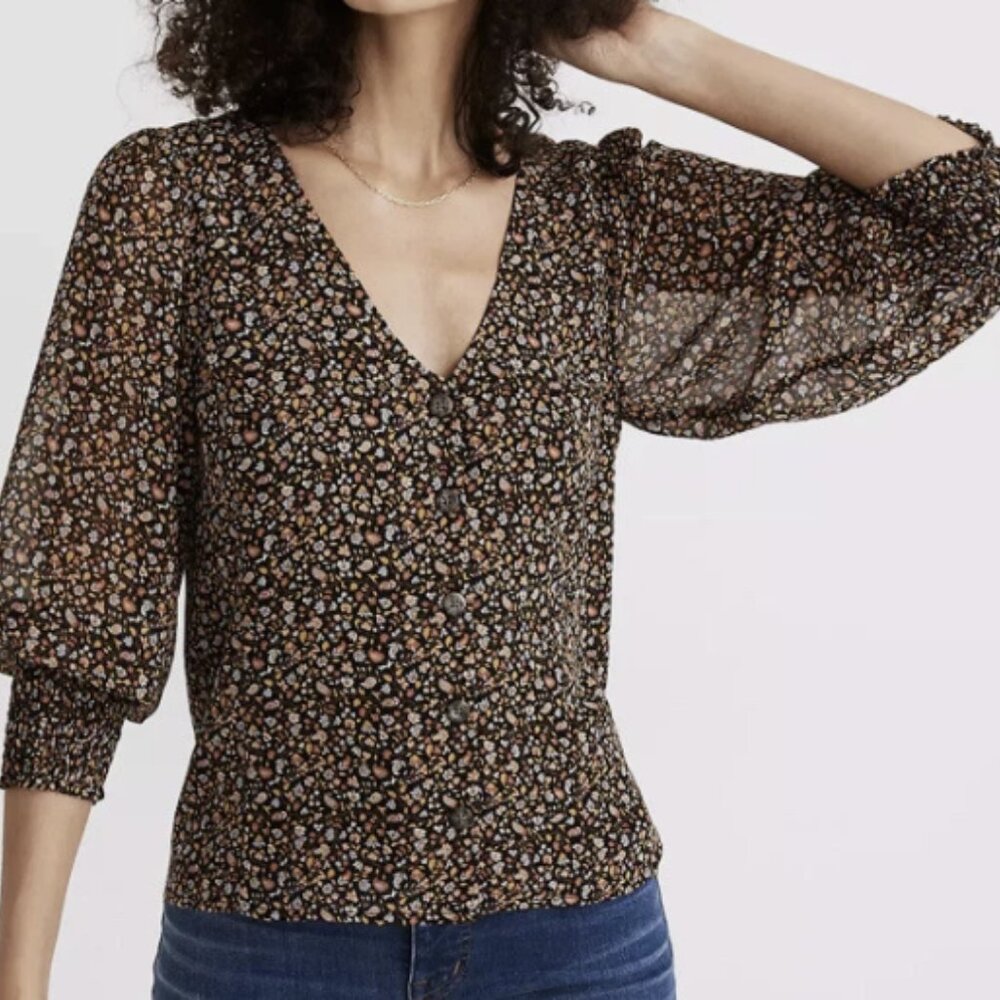 Madewell Georgette Smocked-Cuff Button-Front Shirt Size 2 Floral Ditzy Whimsy